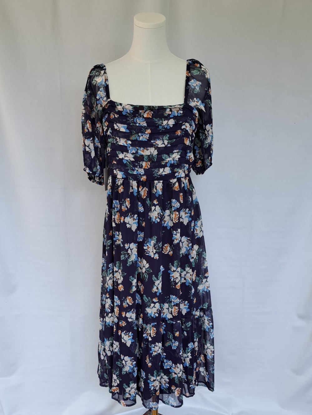 NWT LC Lauren Conrad Navy Floral Romantic Puff-Sleeve Midi Dress Garden Party M - Picture 2 of 16